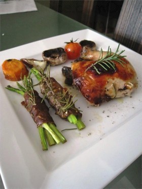 Roasted Rosemary & Madeira Chicken with Beef Wrapped Asparagus