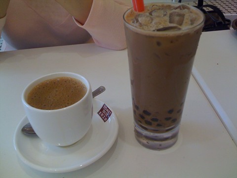 hot coffee w/ milk + ice milo with pearls
