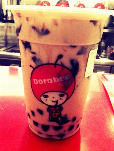 Milk tea with grass jelly & pearls