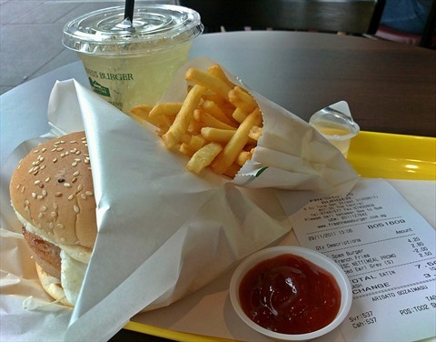 Spam Burger with fries and iced earl grey