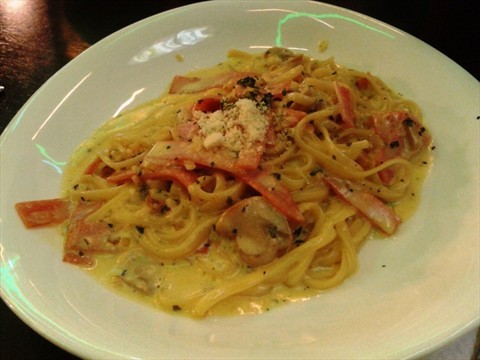 Seafood pasta in pesto sauce