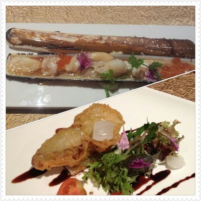 bamboo clam with ikura, deepfried foie gras