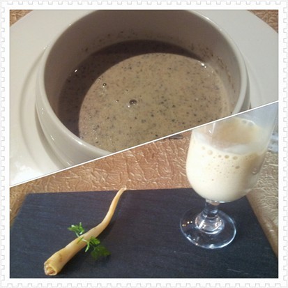 cepes mushroom soup, crab bisque with prawn twister