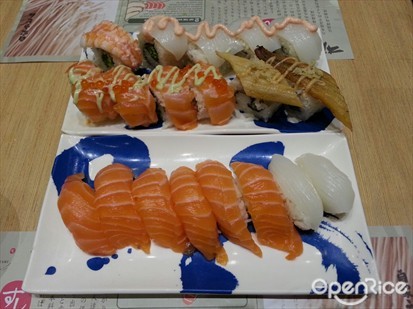Salmon sushi, squid sushi, eel sushi