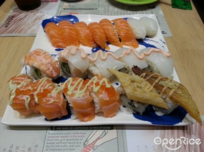 Salmon sushi, squid sushi, eel sushi