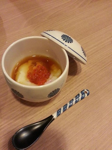 Onsen egg with uni and large shrimp roe