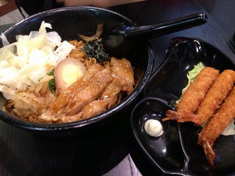 chicken teriyaki ramen and fried prawn