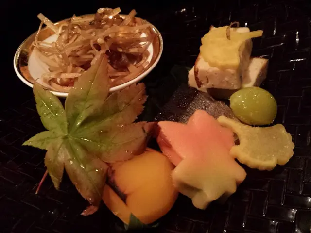 sensai (前菜) platter – tofu, ginko nuts, a momiji (maple) flour cake. chestnut etc