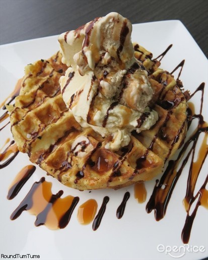 WAFFLES WITH DURIAN AND REESE BUTTERCUP ICE CREAM