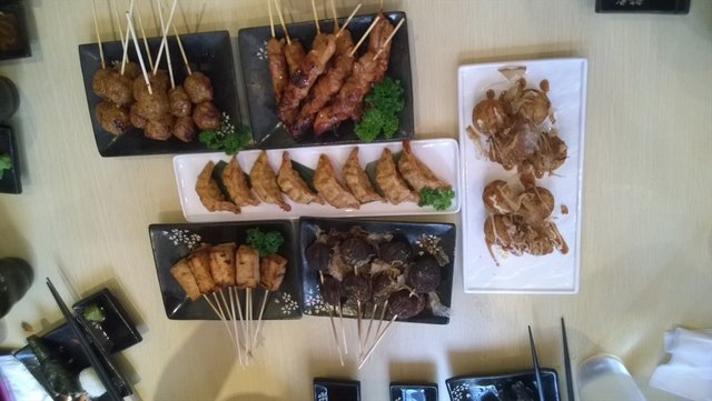 Gyoza, Mushrooms, fishcakes,Pork Balls, Chicken Yakitori