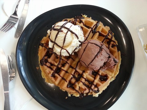 Peanut Butter and Rocher Ice Cream on Waffle 
