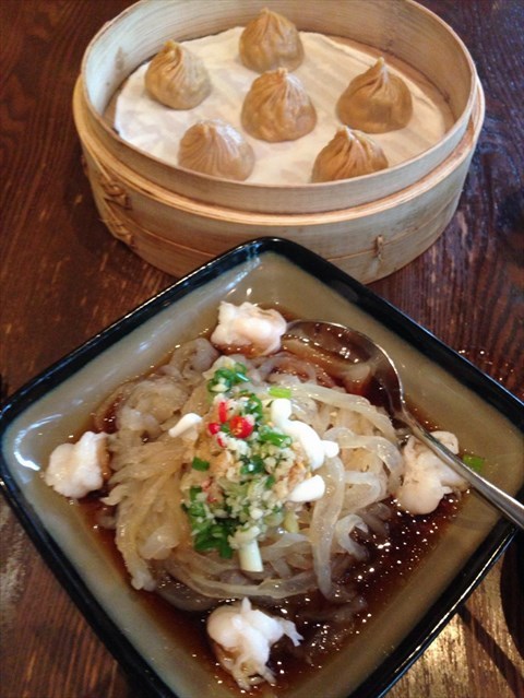 Marinated jellyfish (foreground) & soupy dumplings
