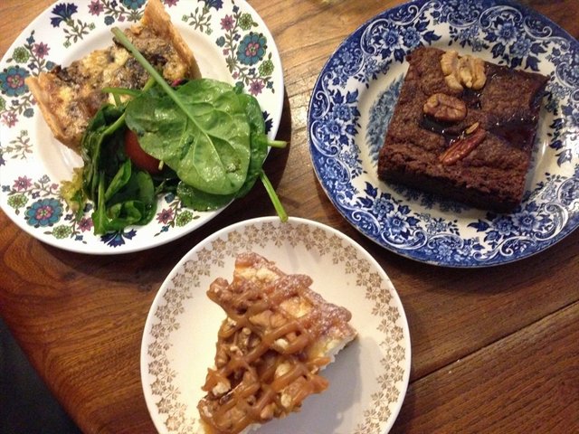 Mushroom Quiche [$7], Sticky Toffee Walnut Brownie [$6.50] and Caramel Walnut Cheesecake [$7]