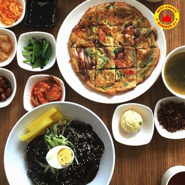 Korean seafood pancake and Cha Jiang Mian