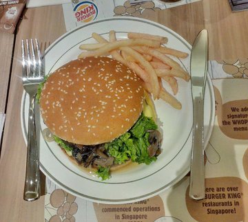 Gourmeiji Mushroom Swiss Beef Burger with Creamy Tomato Fries