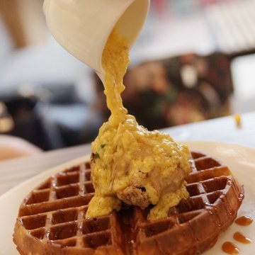 Salted egg, almond pecan ice cream with waffle