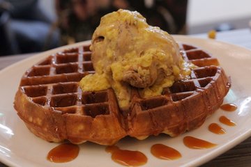 Salted egg, almond pecan ice cream with waffle