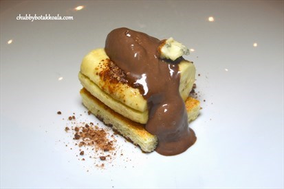 Dessert – dark chocolate ice cream, char-grilled banana,  gorgonzola cheese and caramelised butter.