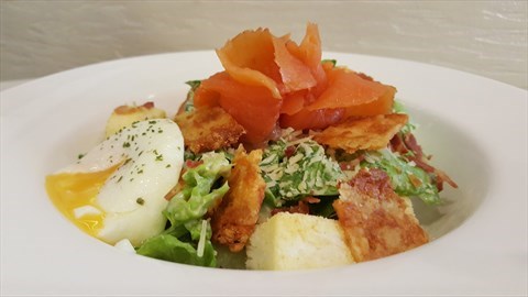 Classic Caesar Salad with Cheese Crisp with Smoked Salmon