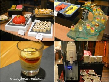 From Top Left Clockwise: French and Peranakan Pastries; Fresh fruits, Jelly Shots and Durian Pengat;