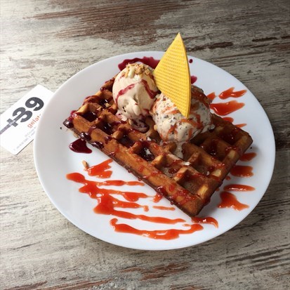 Waffle is crispy on the outside with soft centre