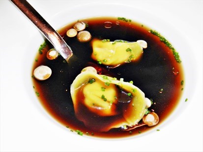 Mushroom Consomme, Shimeji, Chicken & Foie Gras Tortellini