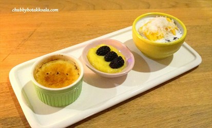 Ginger Creme Brulee, Passion Fruit cream & Black sticky rice with mango