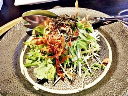 Fresh Mizu-Na Salad With Wasabi Dressing Topped With Fried Burdock