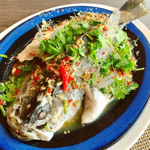 Steamed seabass with homemade spicy sour sauce.