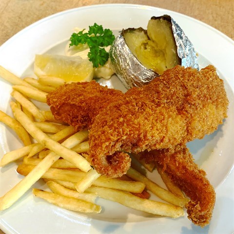 Breaded dory fillet served with fries & baked potato.