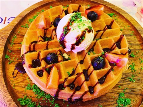 Waffle topped with fresh berries, chocolate drizzles & MSW ice cream.