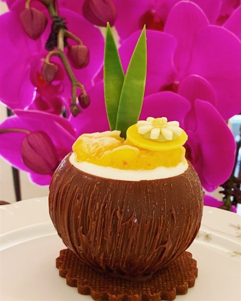 With D24 mousse & coconut sponge enrobed in coconut mousse, wrapped with milk chocolate resting on a nutty chocolate base, adorned with diced mango, mango jelly & chocolate leaves.