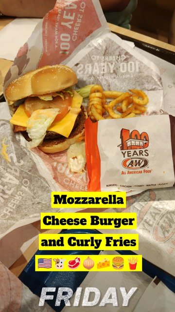 Mozzarella Cheese Burger and Curly Fries 🇺🇸🐮🥩🧅🧀🍔🍟