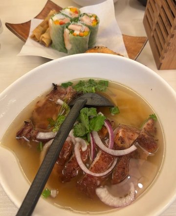 Pho Noodle Chicken Soup (Chicken Chop) with Summer Rolls with Prawns, Grilled Chicken & Chicken Ham
